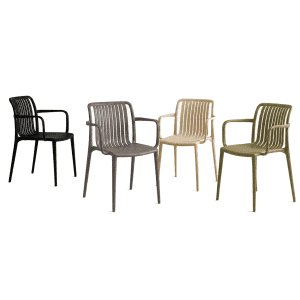DKM Luma Chair. Stevige, kleurrijke en comfortabele kunststof stoel met armleggers. Ook verkrijgbaar als kruk DKM Luma Bar