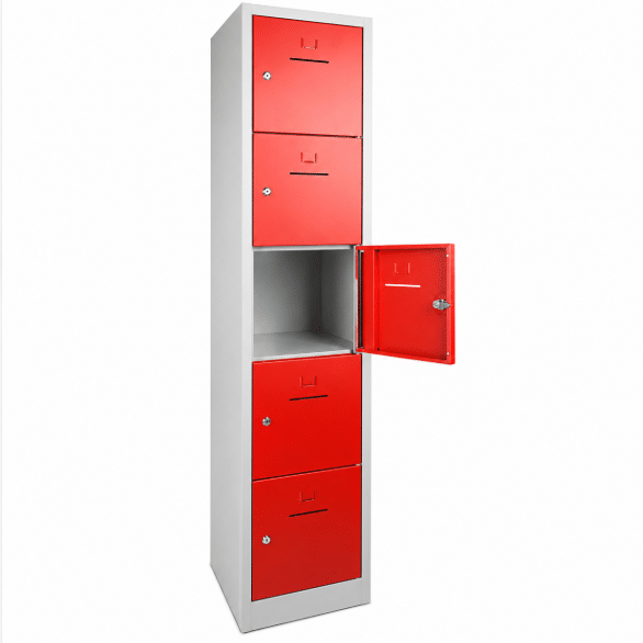 shc2 lockerkast 1 kolom en 5 vaks grijs rood open.png